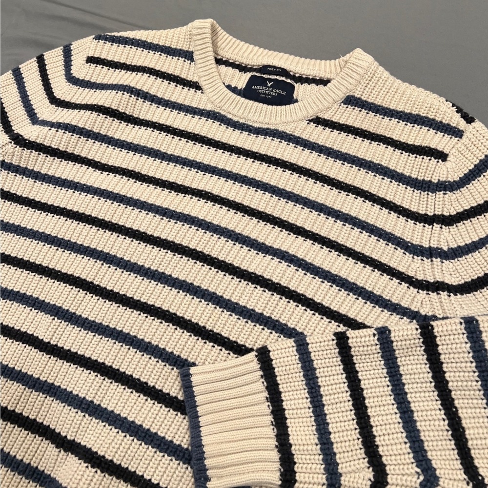 American Eagle Mens Prep Fit Striped Ribbed Knit Sweater Navy Cream Crewneck L